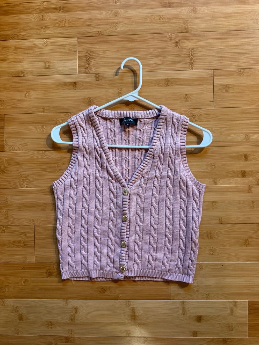 On 12th Cable Knit Sweater Vest - Pink - Gold Buttons